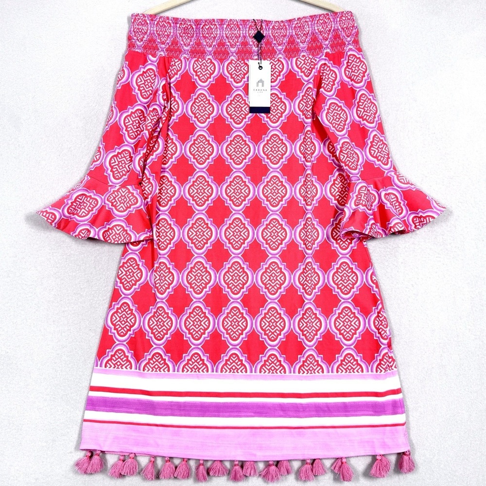 Cabana Life‎ Dress Womens XS UPF Sun Protection Coral Geo Coverlux Smocked NWT